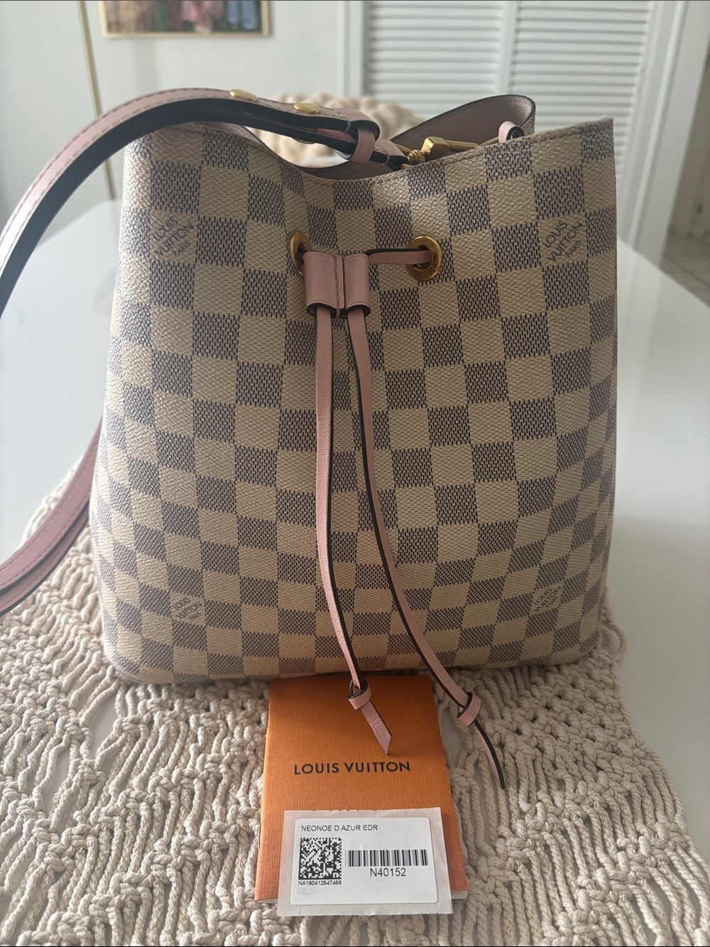 Louis Vuitton Damier Azur Bucket Bag with Pink Trim